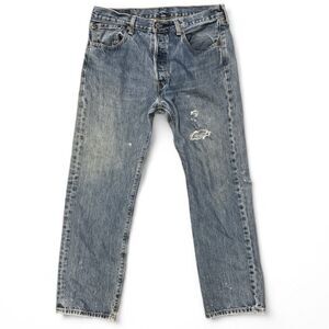 Levis 501 Jeans Mens 34 X 30 Blue Denim Distressed Button Fly Medium Wash